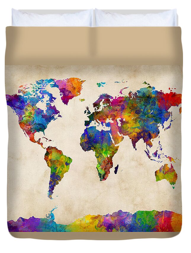 World Map Duvet Cover featuring the digital art Watercolor Map of the World Map by Michael Tompsett