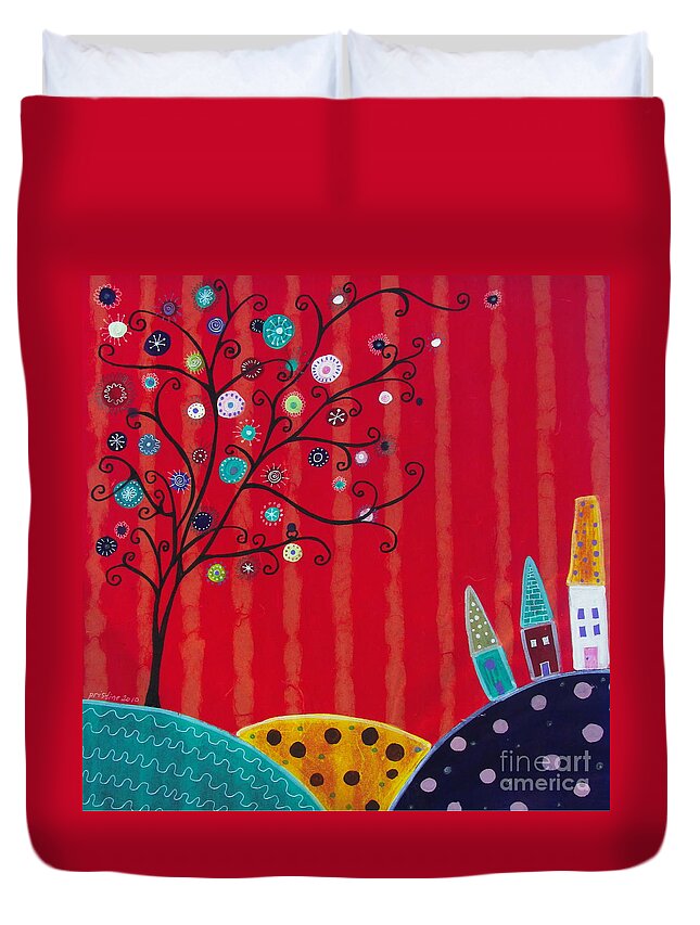 Tree Duvet Cover featuring the painting Whimsical Town #4 by Pristine Cartera Turkus