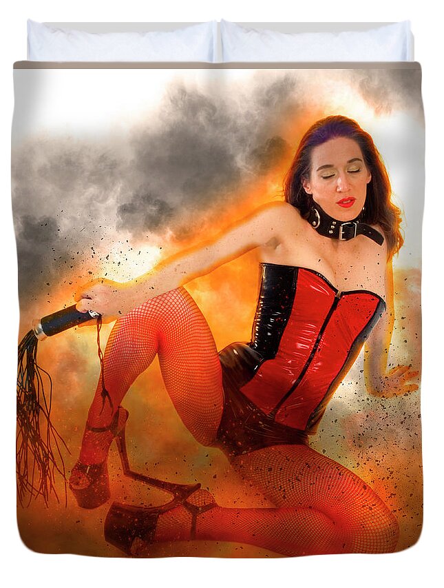 Latex Duvet Cover featuring the photograph Woman aged 30 in red and black latex #4 by Humorous Quotes