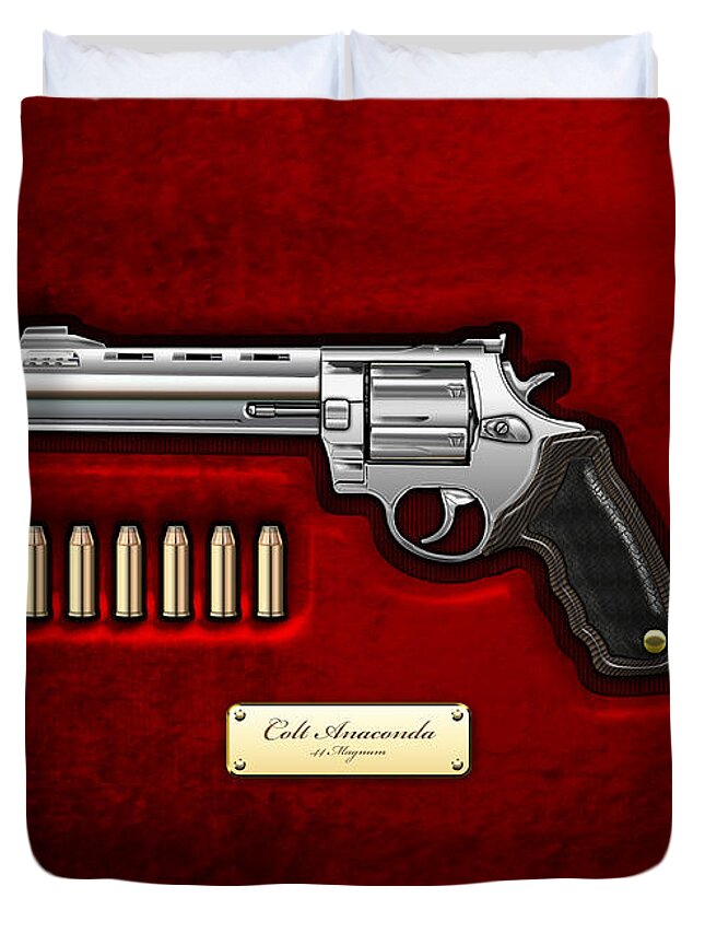 The Armory By Serge Averbukh Duvet Cover featuring the photograph .44 Magnum Colt Anaconda on Red Velvet by Serge Averbukh