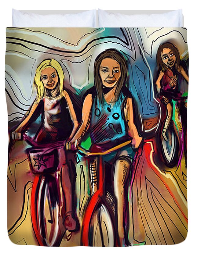  Duvet Cover featuring the painting 5 Bike Girls by John Gholson