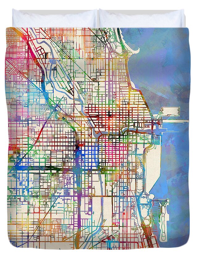 Chicago Duvet Cover featuring the digital art Chicago City Street Map #5 by Michael Tompsett