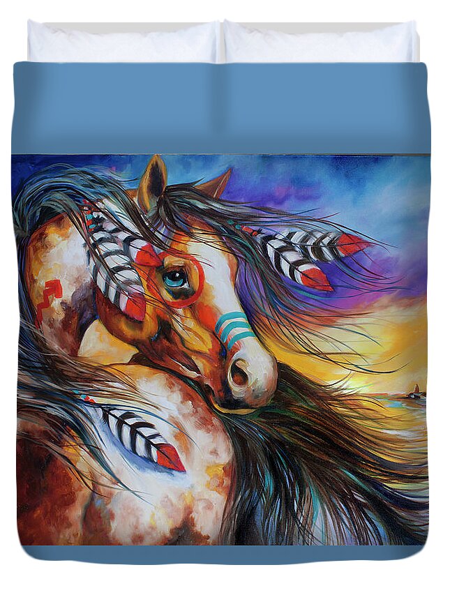 Indian Duvet Cover featuring the painting 5 Feathers Indian War Horse by Marcia Baldwin