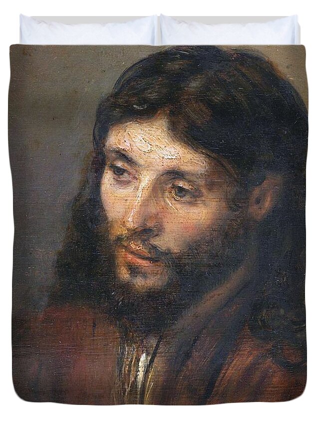Christ Jesus Dutch Baroque Rembrandt Head Face Christian Netherlands Van Rijn Duvet Cover featuring the painting Head Of Christ by Troy Caperton