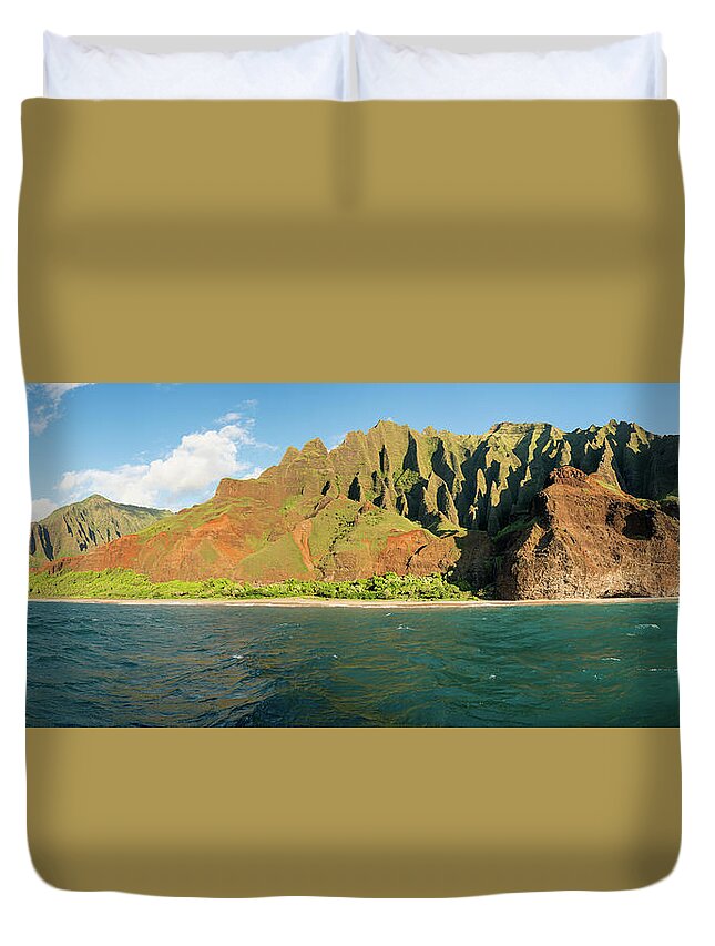 Boat Duvet Cover featuring the photograph Na Pali coastline taken from sunset cruise along Kauai shore #5 by Steven Heap