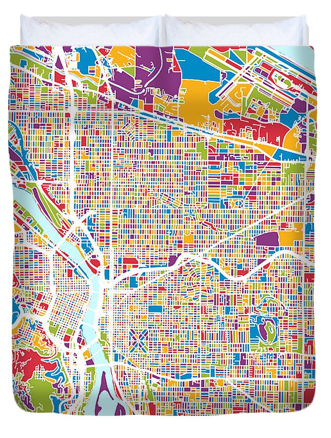 Portland Duvet Cover featuring the digital art Portland Oregon City Map #5 by Michael Tompsett
