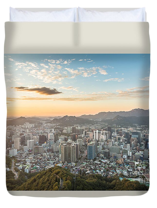 Aerial Duvet Cover featuring the photograph Sunset over Seoul #5 by Didier Marti