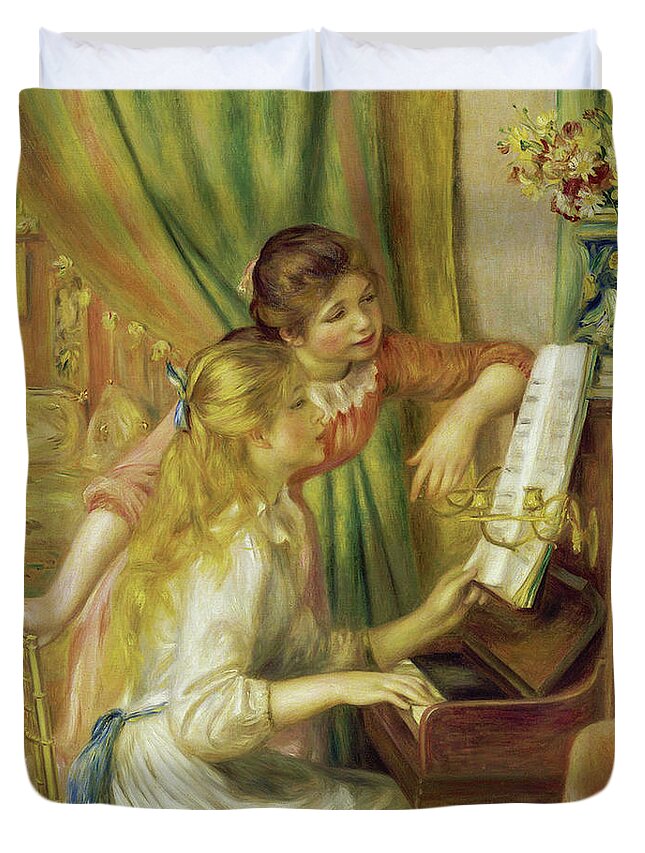 Piano Duvet Cover featuring the mixed media The Piano Music Teacher by Auguste Renoir