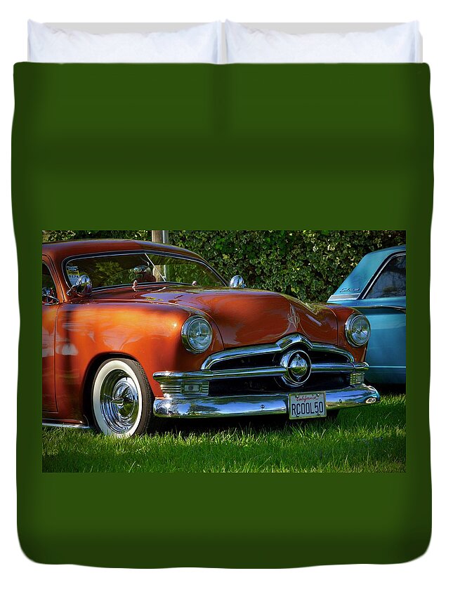  Duvet Cover featuring the photograph 50's Ford in Orange by Dean Ferreira