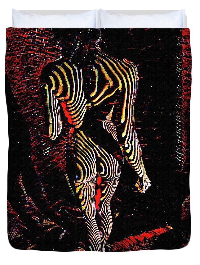 Strong Duvet Cover featuring the digital art 5360s-MAK Abstract Zebra Striped Woman Strong Shoulders by Chris Maher