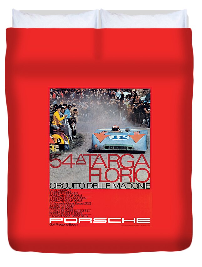 54th Duvet Cover featuring the digital art 54th Targa Florio Porsche Race Poster by Georgia Fowler