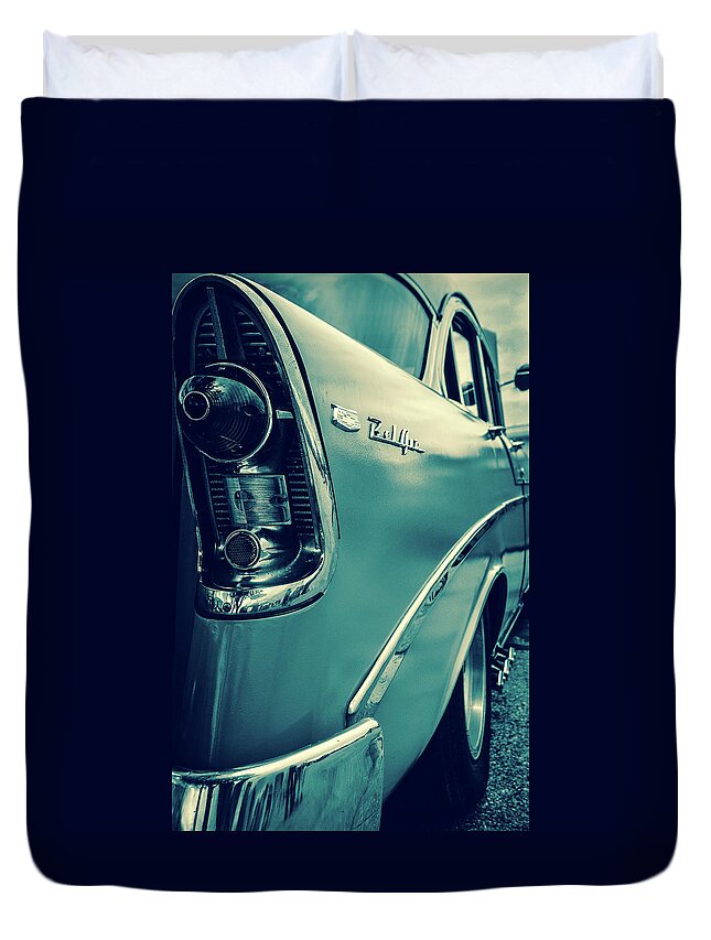 Bel-air- Of Cars-classic Cars- Boy In Back Window- Muscle Car Art- Images For Car Lovers- Photography Of Are Ann M. Garrett - Chevy- Duvet Cover featuring the photograph 57 Fin by Rae Ann M Garrett