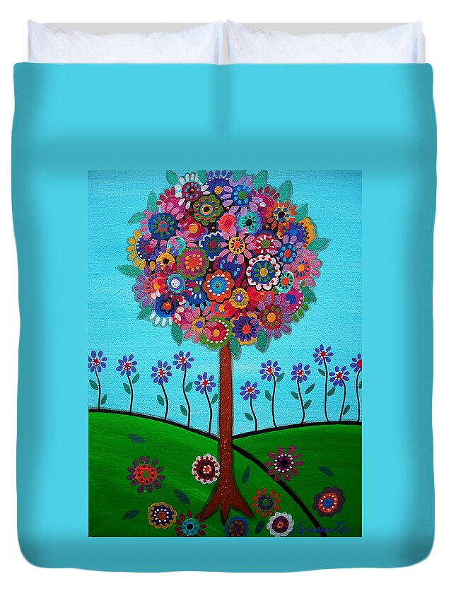 Mexican Town Duvet Cover featuring the painting Tree Of Life #59 by Pristine Cartera Turkus