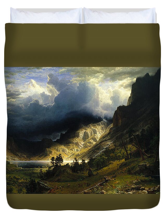 A Storm In The Rocky Mountains Duvet Cover featuring the painting A Storm in the Rocky Mountains by Albert Bierstadt