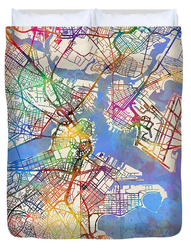 Street Map Duvet Cover featuring the digital art Boston Massachusetts Street Map by Michael Tompsett