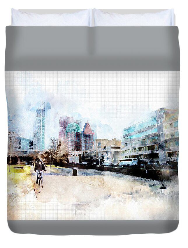 The Hague Duvet Cover featuring the digital art City Life In Watercolor Style #6 by Ariadna De Raadt