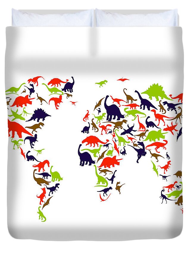 World Map Duvet Cover featuring the digital art Dinosaur Map of the World Map by Michael Tompsett