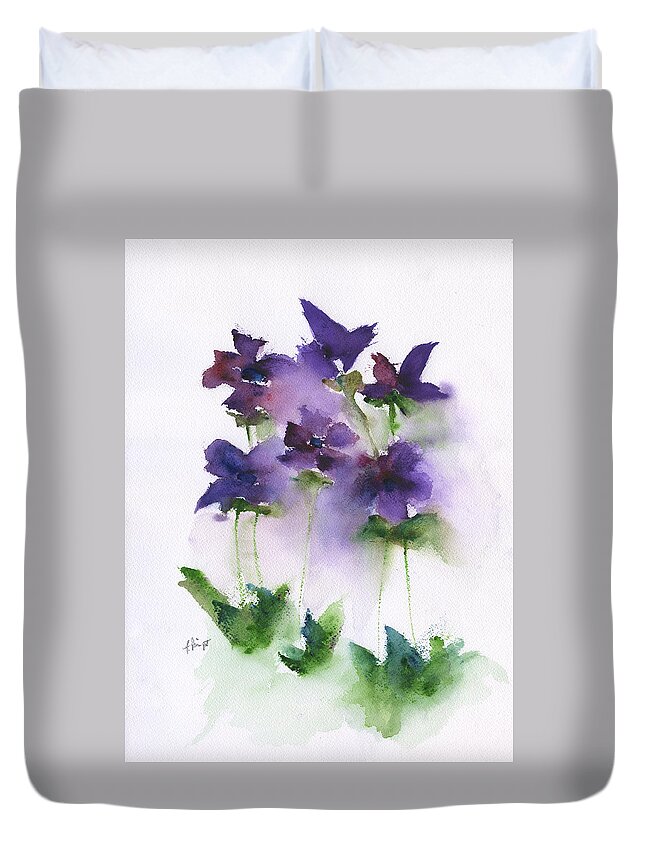 6 Violets Abstract Duvet Cover featuring the painting 6 Violets Abstract by Frank Bright