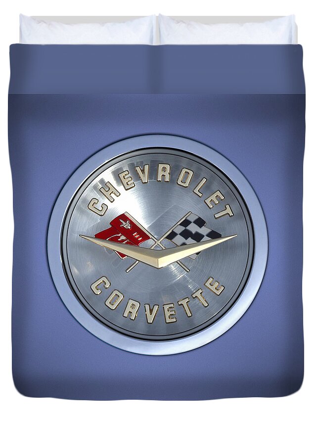 Chevrolet Corvette Duvet Cover featuring the photograph 60 Chevy Corvette Emblem by Mike McGlothlen