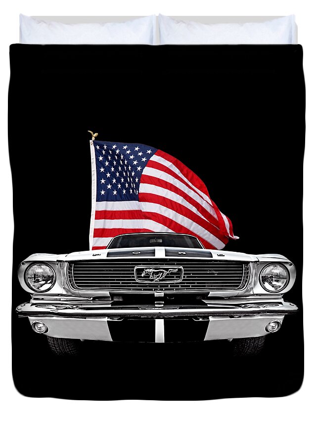 Mustang Duvet Cover featuring the photograph 66 Mustang With U.S. Flag On Black by Gill Billington