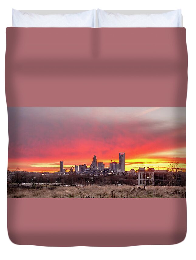 Red Duvet Cover featuring the photograph Charlotte The Queen City Skyline At Sunrise #7 by Alex Grichenko