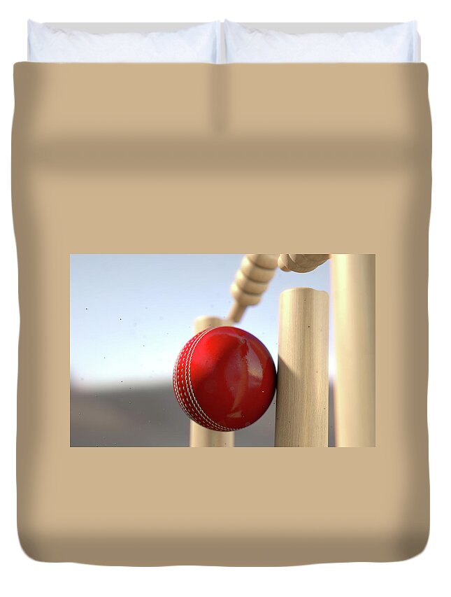 Action Duvet Cover featuring the digital art Cricket Ball Hitting Wickets #7 by Allan Swart
