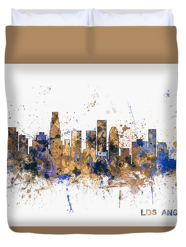 Los Angeles Duvet Cover featuring the digital art Los Angeles California Skyline #7 by Michael Tompsett