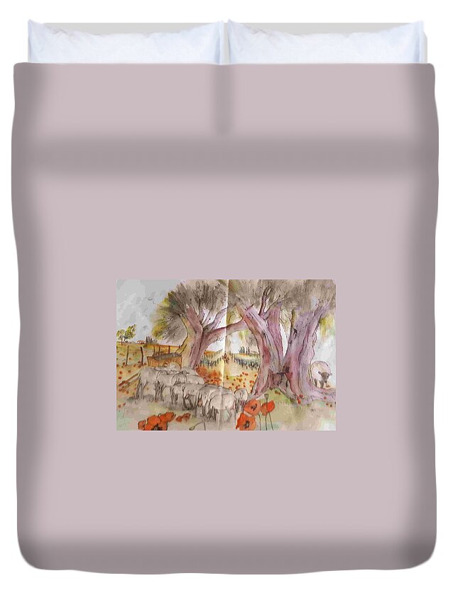 Ttees. Olive. Italy. Landscape . Sheep Duvet Cover featuring the painting Trees trees trees album #7 by Debbi Saccomanno Chan