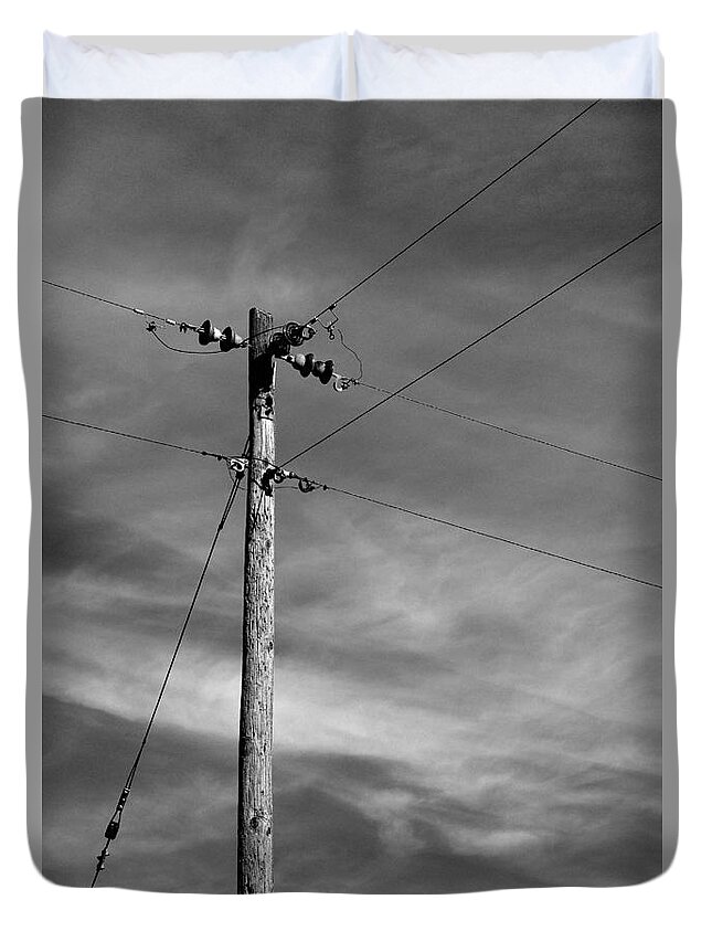 Electric Electrical Electricity Sky Cloud Clouds Black White Monochrome Power Pole High Voltage Volt Volts Wire Wiring Duvet Cover featuring the photograph 7200v Tee 9178 by Ken DePue