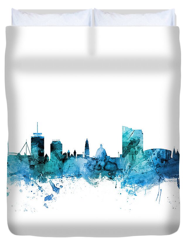Cardiff Duvet Cover featuring the digital art Cardiff Wales Skyline #8 by Michael Tompsett