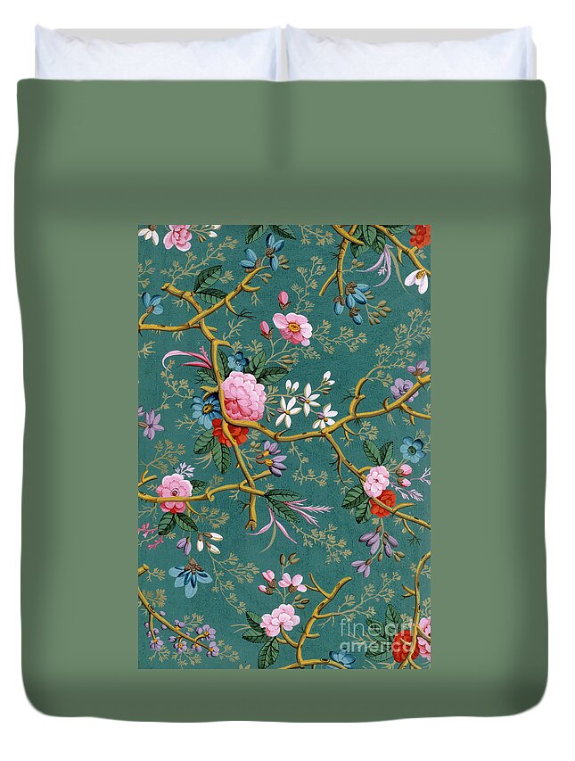 Green Duvet Cover featuring the tapestry - textile Marble end paper by William Kilburn