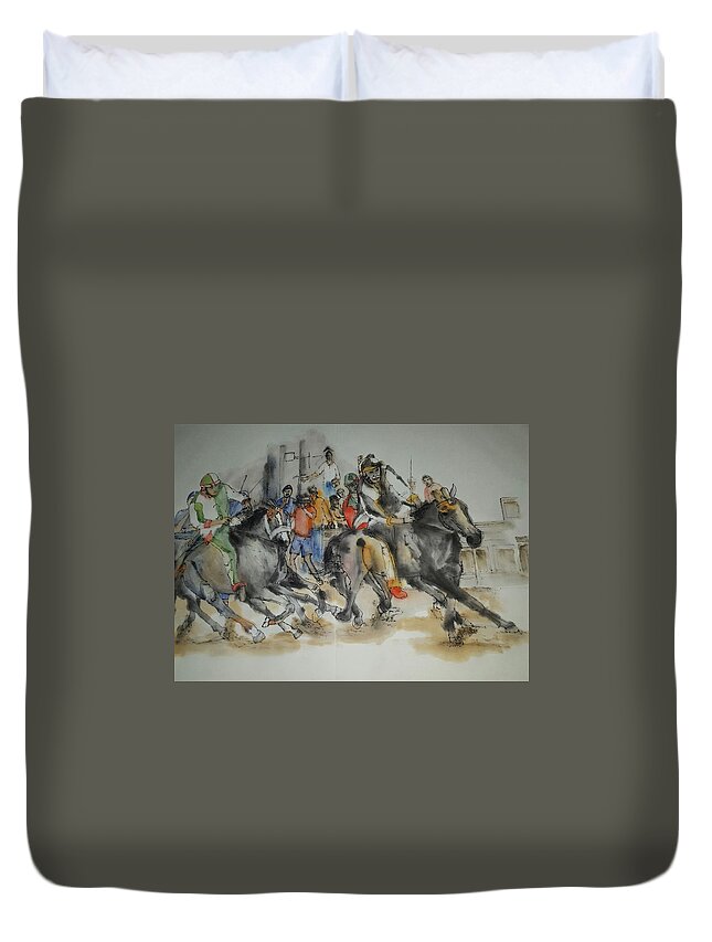 Il Palio. Siena. Italy. Horserace. Medieval. Event Duvet Cover featuring the painting Siena and their Palio album #8 by Debbi Saccomanno Chan