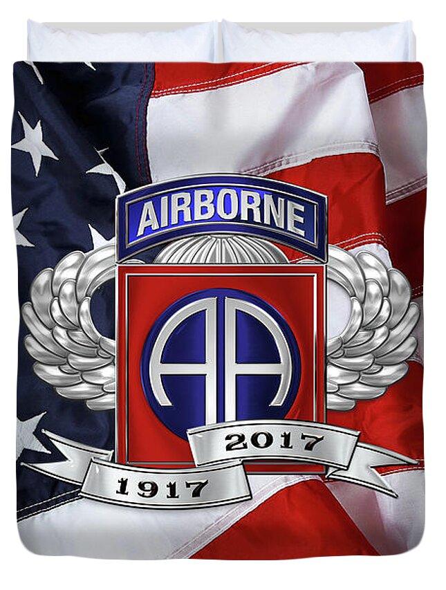 'military Insignia & Heraldry' Collection By Serge Averbukh Duvet Cover featuring the digital art 82nd Airborne Division 100th Anniversary Insignia over American Flag by Serge Averbukh