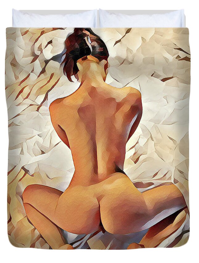 Watercolor Duvet Cover featuring the digital art 8797s-MAK Watercolor of Nude on Fabric Long Neck Broad Shoulders Slim Waist by Chris Maher