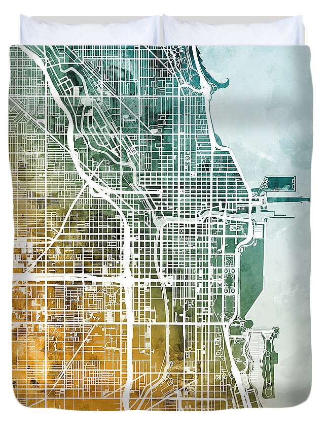 Chicago Duvet Cover featuring the digital art Chicago City Street Map by Michael Tompsett