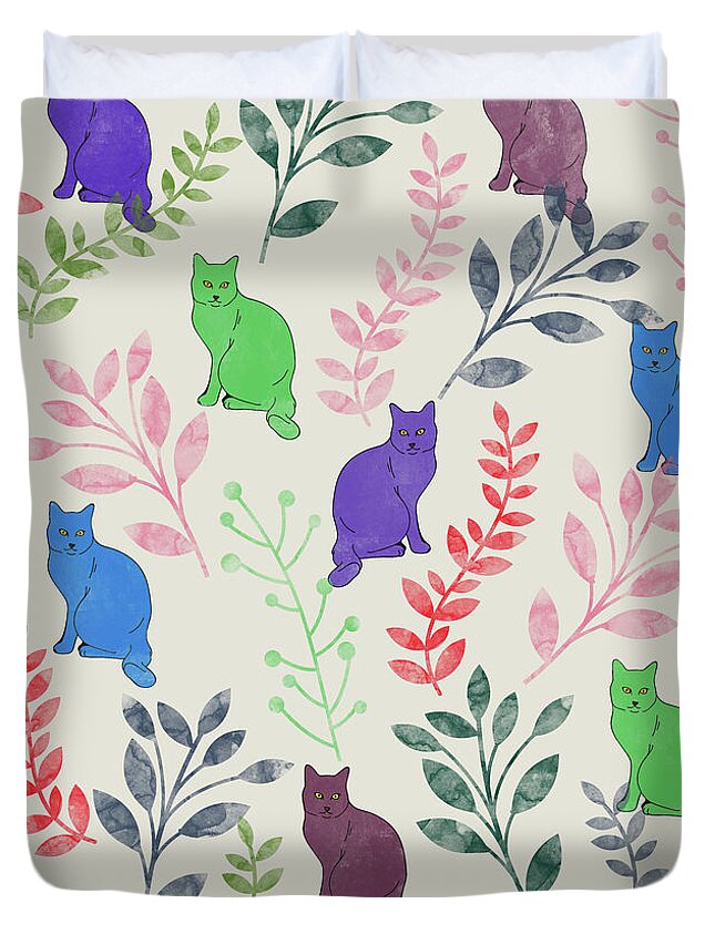 Watercolor Duvet Cover featuring the digital art Watercolor Floral and Cat #9 by Amir Faysal