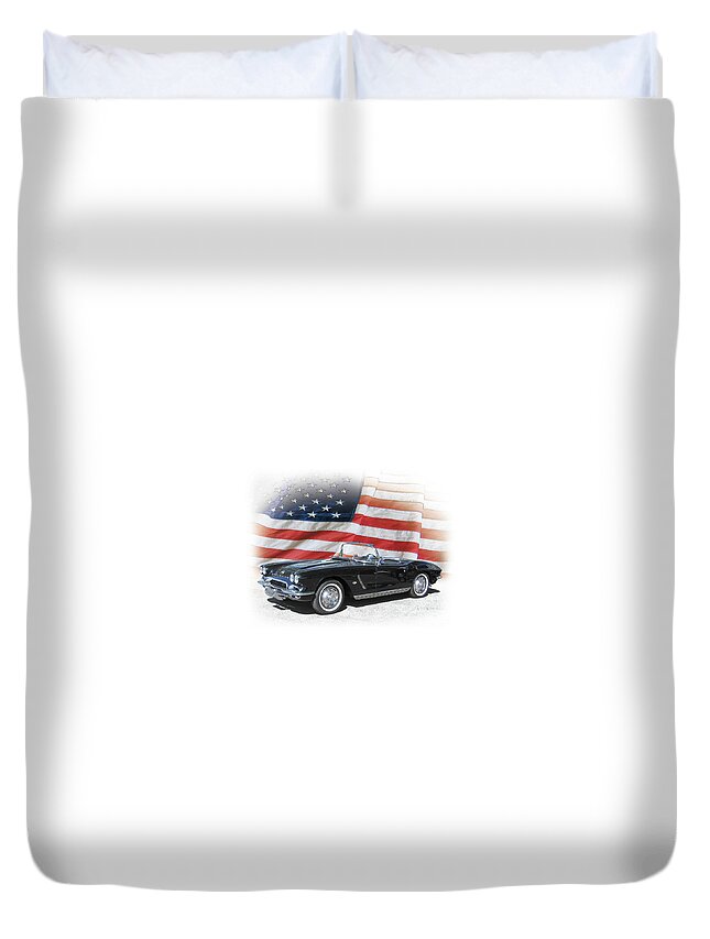 Corvette Duvet Cover featuring the photograph 1962 Chevy Corvette and American Flag by Ron Long