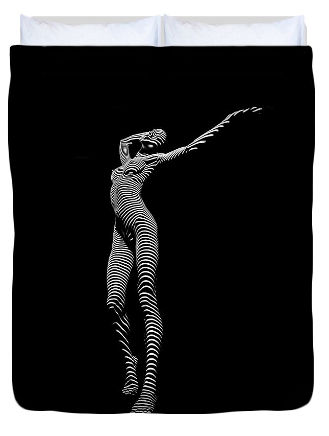 Zebra Duvet Cover featuring the photograph 9705-DJA Zebra Woman Flow of Life Black White Striped Young Woman by Chris Maher by Chris Maher