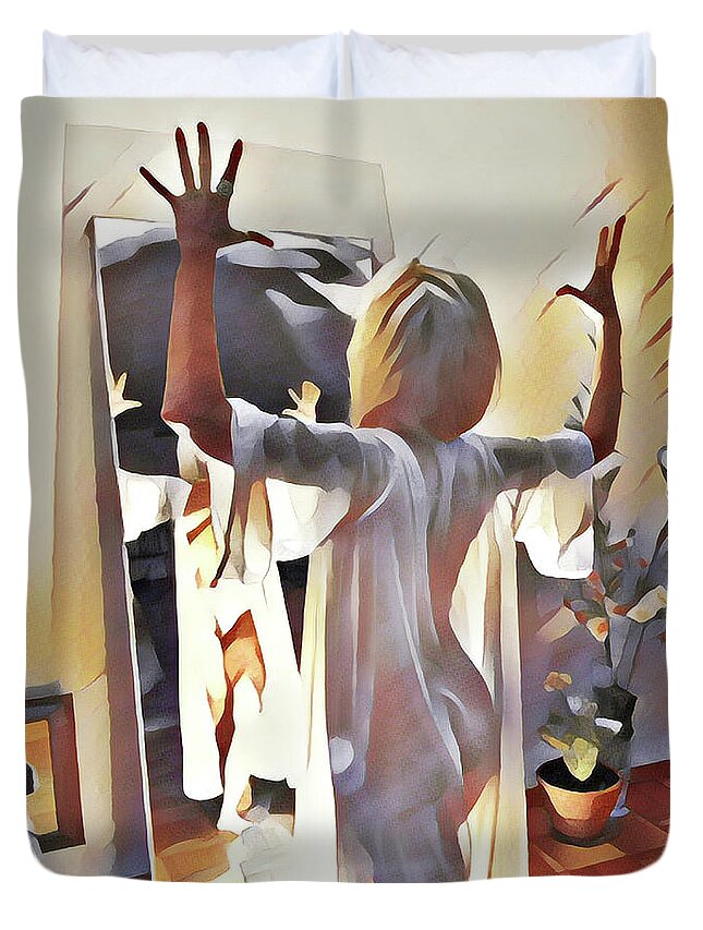 Woman Duvet Cover featuring the digital art 9906s-DM Woman Confronts Herself in Mirror by Chris Maher