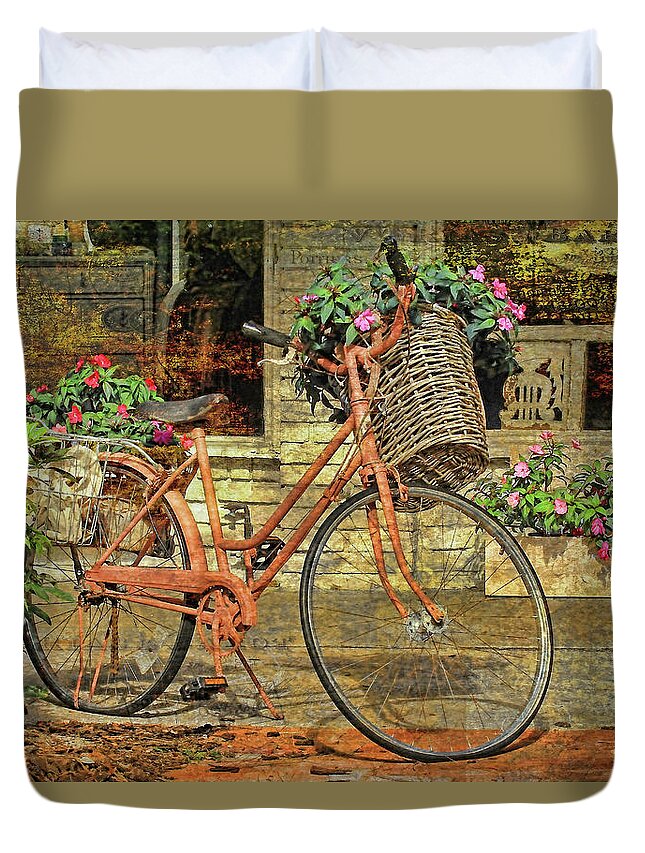 Bicycle Duvet Cover featuring the photograph A Basketful of Spring by HH Photography of Florida