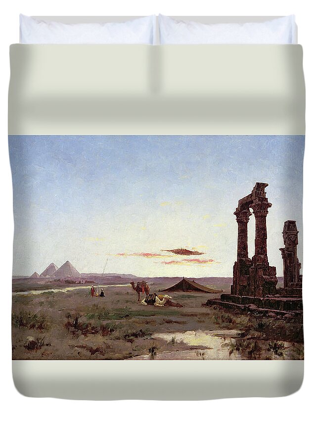 Bedouin Duvet Cover featuring the painting A Bedouin Encampment by a Ruined Temple by Alexandre Gabriel Decamps