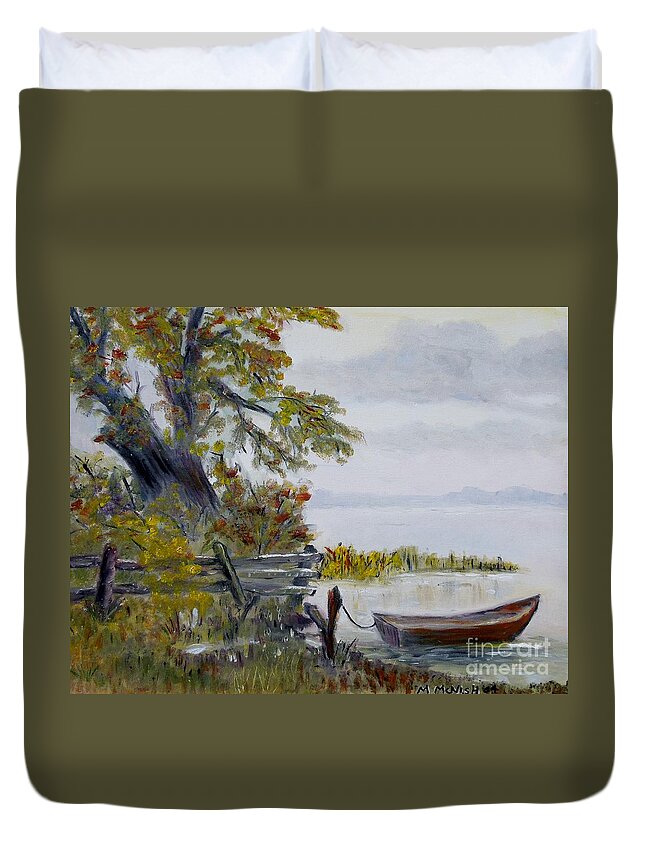 Boat Duvet Cover featuring the painting A boat waiting by Marilyn McNish