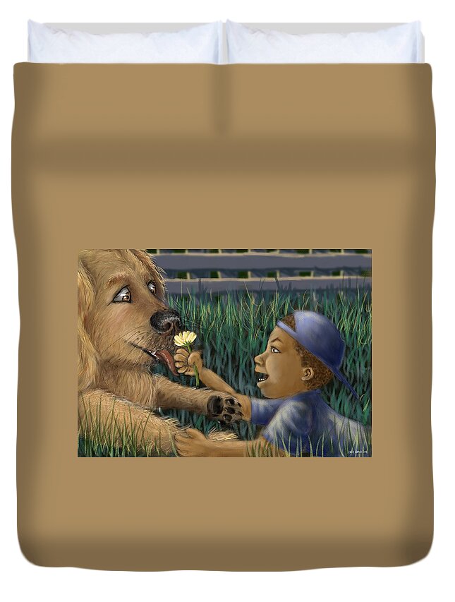 Boy Duvet Cover featuring the digital art A Boy And His Dog by Larry Whitler
