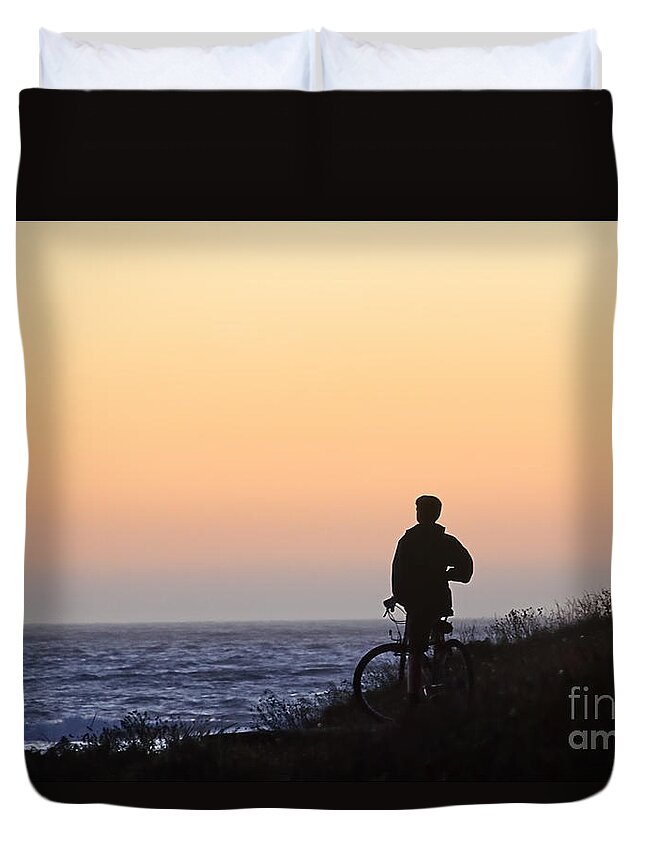 Boy Duvet Cover featuring the photograph A Boy His Bike and the Beach by Norma Warden