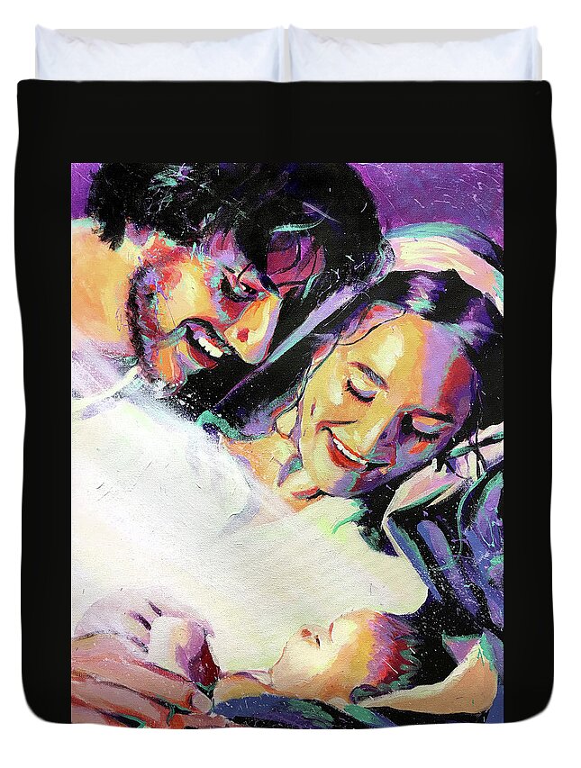 Holy Family Duvet Cover featuring the painting A Child is Born by Steve Gamba