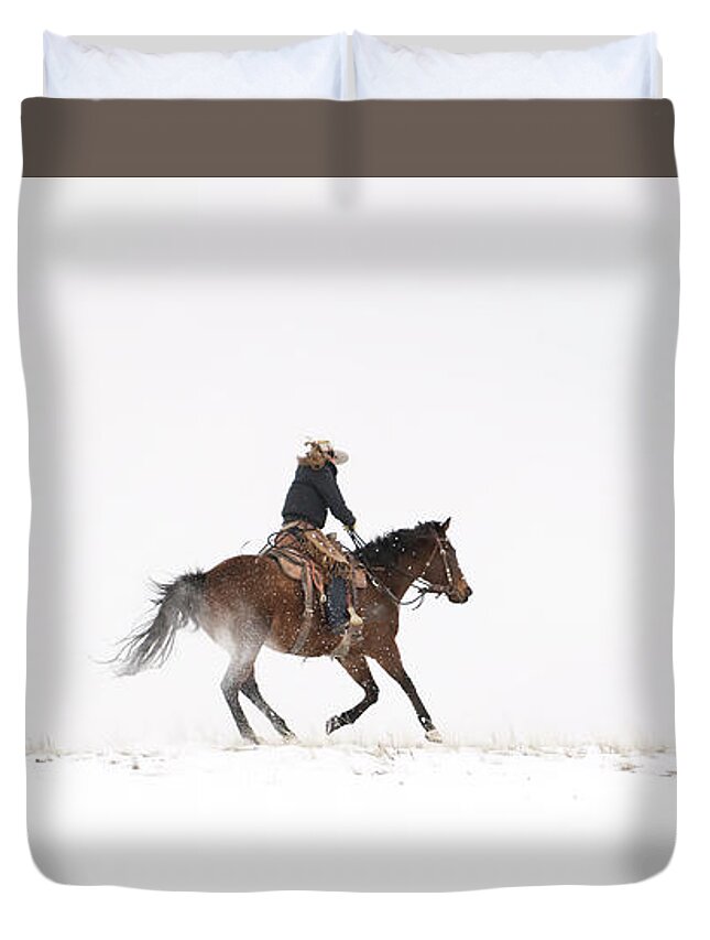 Horse Duvet Cover featuring the photograph A Chilly Ride by Pamela Steege