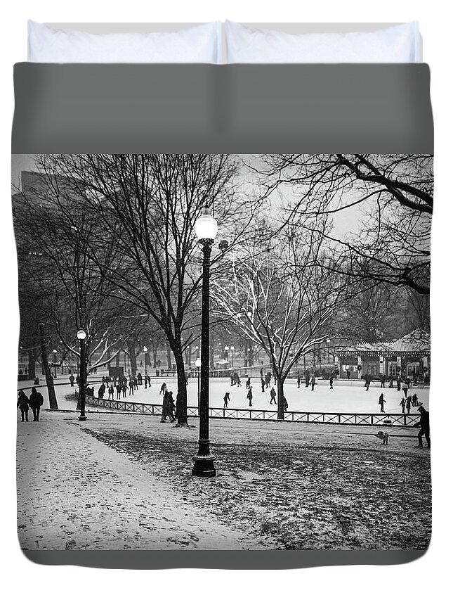 Boston Duvet Cover featuring the photograph A Christmas Walk through the Boston Common Boston MA Black and White by Toby McGuire