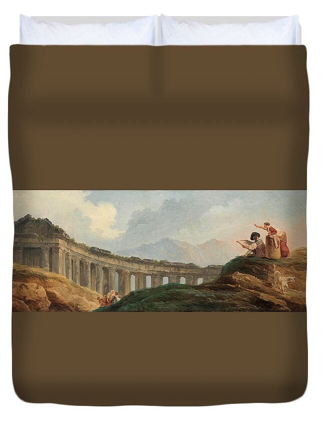 Hubert Robert Duvet Cover featuring the painting A Colonnade in Ruins by Hubert Robert