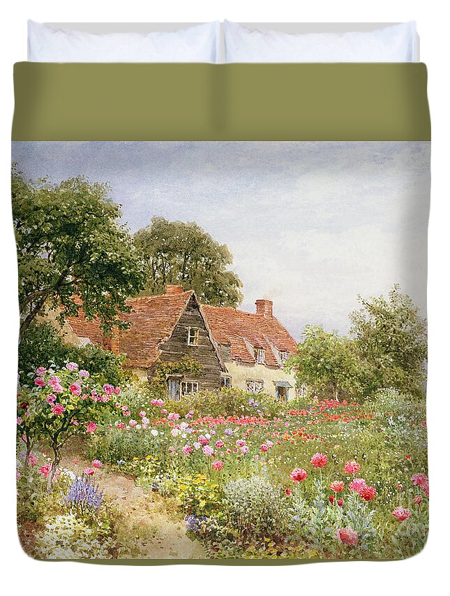 The Cottar's Pride Duvet Cover featuring the painting A Cottage Garden by Henry Sutton Palmer