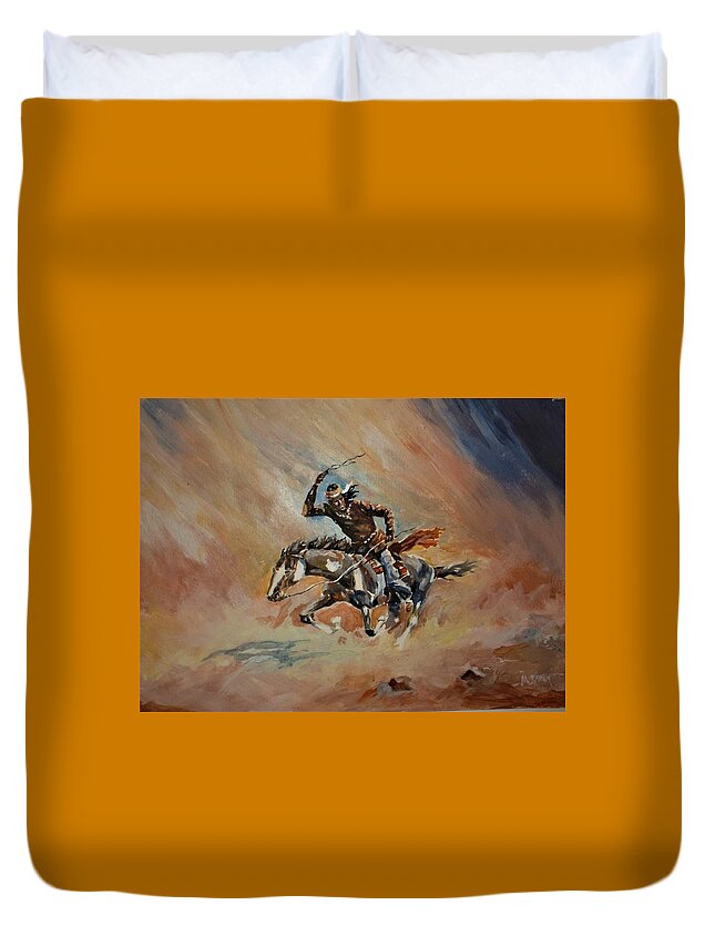 American Indian Duvet Cover featuring the painting A Dash for Cover Racing Oncoming Sandstorm  by Al Brown